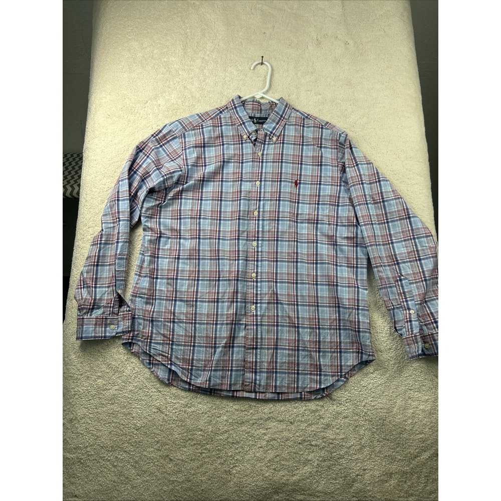 Ralph Lauren Mens Performance Fit‎ Plaid Long Sleeve Shirt Red/Blue Pony Classic